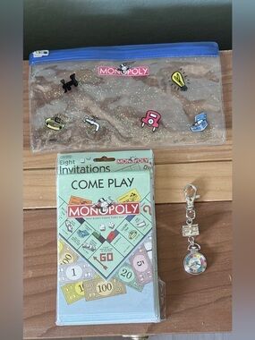 Vintage Monopoly Lot: Pocket Watch Keychain, Invitations, Glitter Pouch 2000